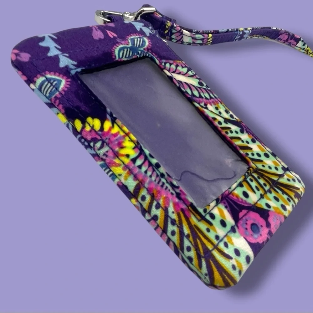 Vera Bradley Batik Leaves Floral Card Holder ID Lanyard - Purple and Yellow